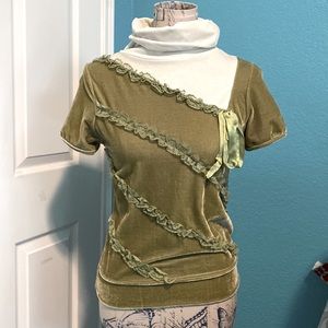 Moss Green Cream Cowl Neck Lace Bow Velour Velvet Gorgeous Top